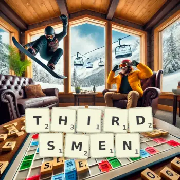 Creative illustration for a Scrabble game with the word THIRDSMEN spelled out in tiles on the board.