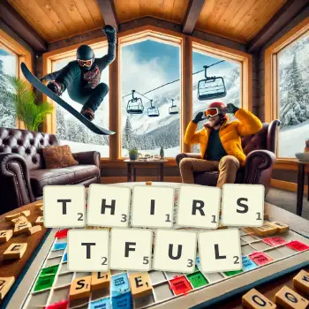 Creative illustration for a Scrabble game with the word THIRSTFUL spelled out in tiles on the board.