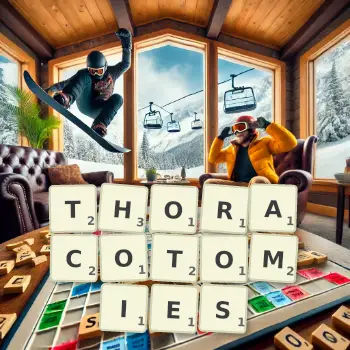 Creative illustration for a Scrabble game with the word THORACOTOMIES spelled out in tiles on the board.