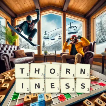Creative illustration for a Scrabble game with the word THORNINESS spelled out in tiles on the board.