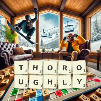 Creative illustration for a Scrabble game with the word THOROUGHLY spelled out in tiles on the board.
