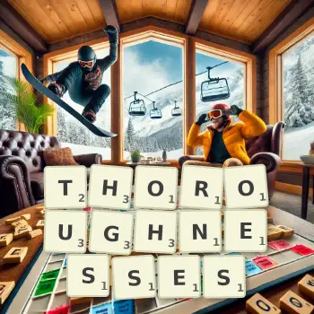 Creative illustration for a Scrabble game with the word THOROUGHNESSES spelled out in tiles on the board.