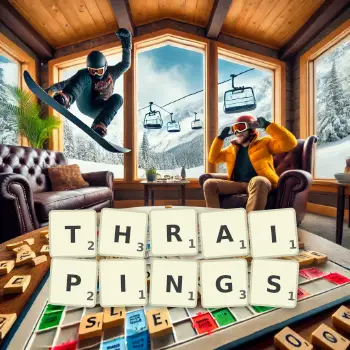 Creative illustration for a Scrabble game with the word THRAIPINGS spelled out in tiles on the board.