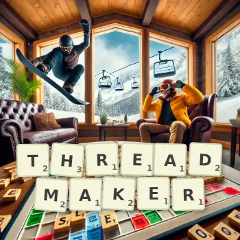 Creative illustration for a Scrabble game with the word THREADMAKER spelled out in tiles on the board.