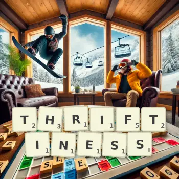 Creative illustration for a Scrabble game with the word THRIFTINESS spelled out in tiles on the board.