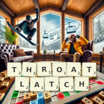 Creative illustration for a Scrabble game with the word THROATLATCH spelled out in tiles on the board.