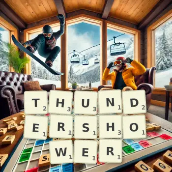 Creative illustration for a Scrabble game with the word THUNDERSHOWER spelled out in tiles on the board.
