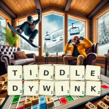 Creative illustration for a Scrabble game with the word TIDDLEDYWINK spelled out in tiles on the board.
