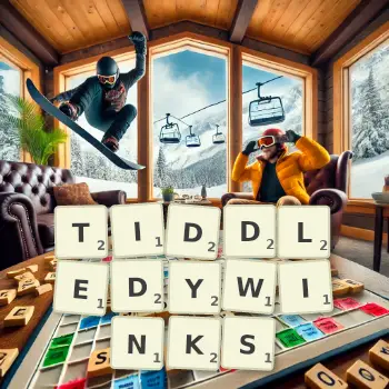 Creative illustration for a Scrabble game with the word TIDDLEDYWINKS spelled out in tiles on the board.