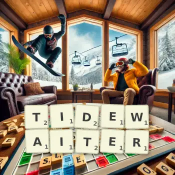 Creative illustration for a Scrabble game with the word TIDEWAITER spelled out in tiles on the board.