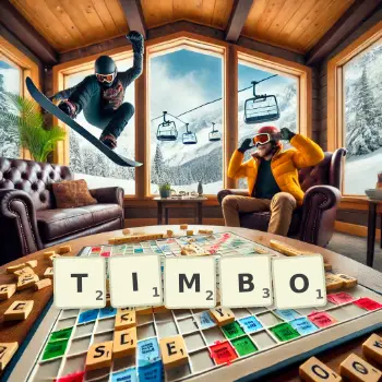 Creative illustration for a Scrabble game with the word TIMBO spelled out in tiles on the board.