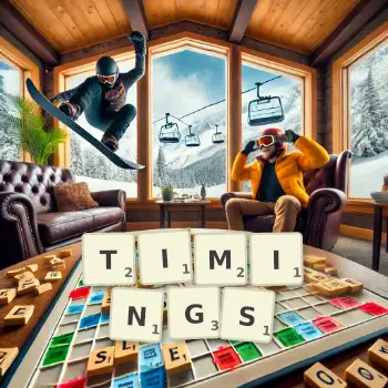 Creative illustration for a Scrabble game with the word TIMINGS spelled out in tiles on the board.