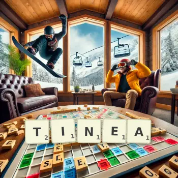 Creative illustration for a Scrabble game with the word TINEA spelled out in tiles on the board.