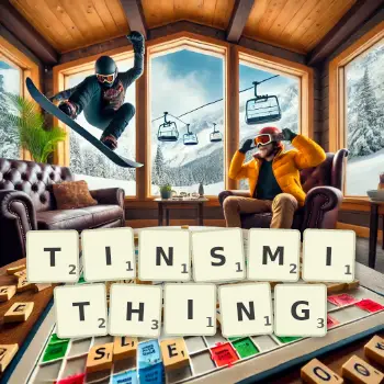 Creative illustration for a Scrabble game with the word TINSMITHING spelled out in tiles on the board.