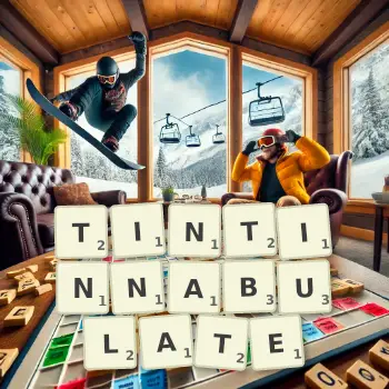 Creative illustration for a Scrabble game with the word TINTINNABULATE spelled out in tiles on the board.
