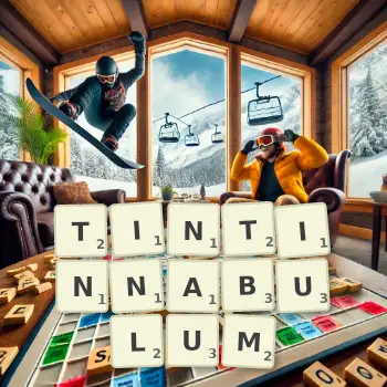 Creative illustration for a Scrabble game with the word TINTINNABULUM spelled out in tiles on the board.