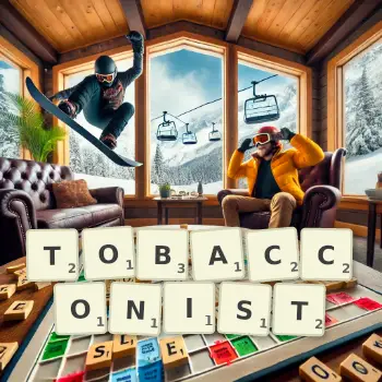 Creative illustration for a Scrabble game with the word TOBACCONIST spelled out in tiles on the board.