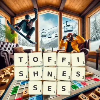 Creative illustration for a Scrabble game with the word TOFFISHNESSES spelled out in tiles on the board.