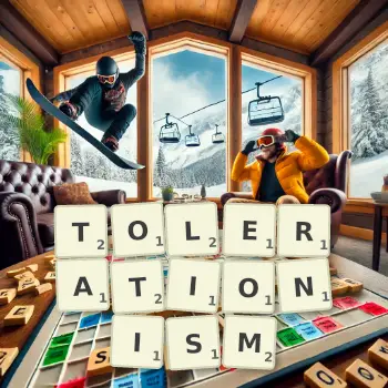Creative illustration for a Scrabble game with the word TOLERATIONISM spelled out in tiles on the board.