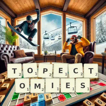 Creative illustration for a Scrabble game with the word TOPECTOMIES spelled out in tiles on the board.