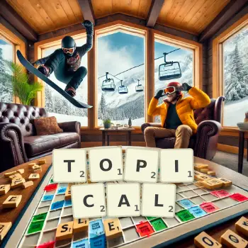 Creative illustration for a Scrabble game with the word TOPICAL spelled out in tiles on the board.