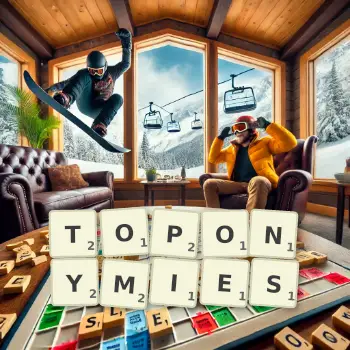 Creative illustration for a Scrabble game with the word TOPONYMIES spelled out in tiles on the board.