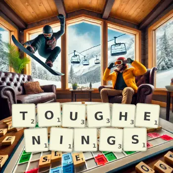 Creative illustration for a Scrabble game with the word TOUGHENINGS spelled out in tiles on the board.