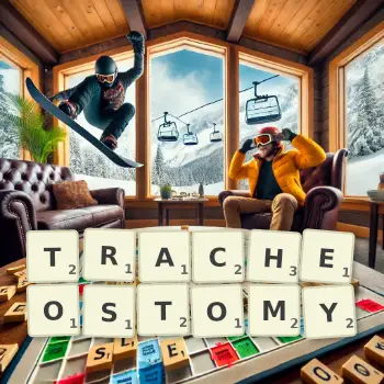 Creative illustration for a Scrabble game with the word TRACHEOSTOMY spelled out in tiles on the board.