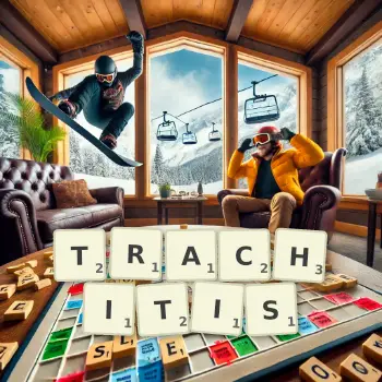 Creative illustration for a Scrabble game with the word TRACHITIS spelled out in tiles on the board.