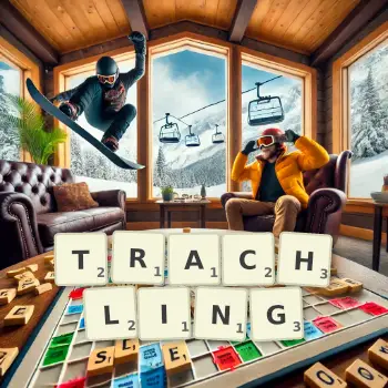 Creative illustration for a Scrabble game with the word TRACHLING spelled out in tiles on the board.