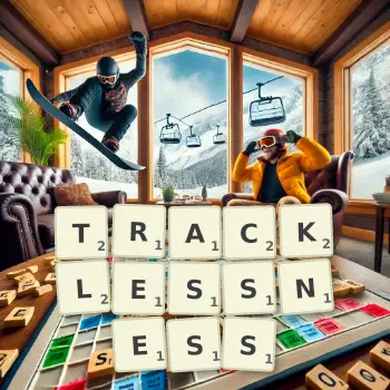 Creative illustration for a Scrabble game with the word TRACKLESSNESS spelled out in tiles on the board.