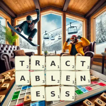 Creative illustration for a Scrabble game with the word TRACTABLENESS spelled out in tiles on the board.