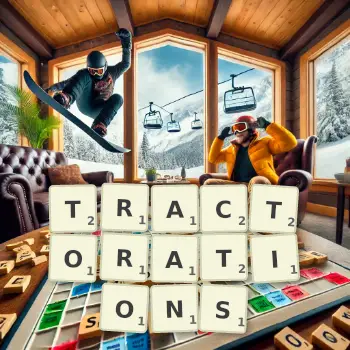 Creative illustration for a Scrabble game with the word TRACTORATIONS spelled out in tiles on the board.