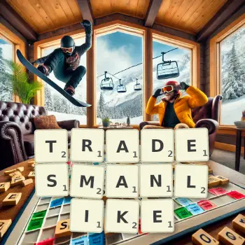 Creative illustration for a Scrabble game with the word TRADESMANLIKE spelled out in tiles on the board.