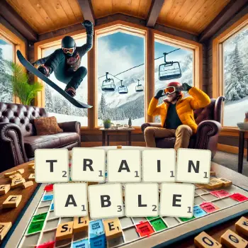 Creative illustration for a Scrabble game with the word TRAINABLE spelled out in tiles on the board.