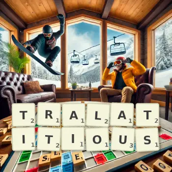 Creative illustration for a Scrabble game with the word TRALATITIOUS spelled out in tiles on the board.