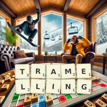 Creative illustration for a Scrabble game with the word TRAMELLING spelled out in tiles on the board.