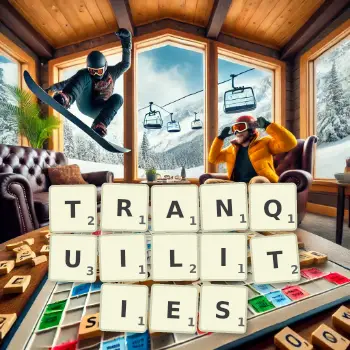 Creative illustration for a Scrabble game with the word TRANQUILITIES spelled out in tiles on the board.