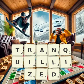 Creative illustration for a Scrabble game with the word TRANQUILLIZED spelled out in tiles on the board.