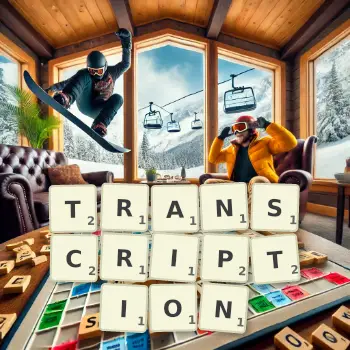 Creative illustration for a Scrabble game with the word TRANSCRIPTION spelled out in tiles on the board.
