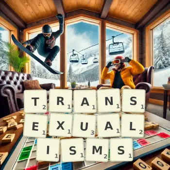 Creative illustration for a Scrabble game with the word TRANSEXUALISMS spelled out in tiles on the board.