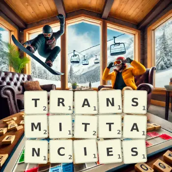 Creative illustration for a Scrabble game with the word TRANSMITTANCIES spelled out in tiles on the board.