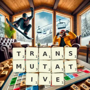 Creative illustration for a Scrabble game with the word TRANSMUTATIVE spelled out in tiles on the board.