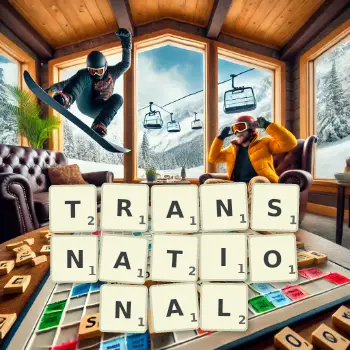 Creative illustration for a Scrabble game with the word TRANSNATIONAL spelled out in tiles on the board.