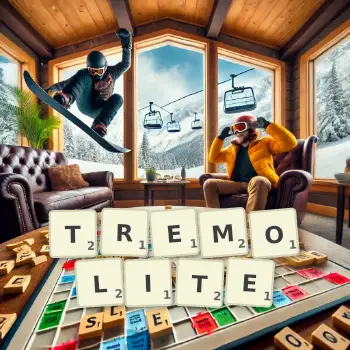Creative illustration for a Scrabble game with the word TREMOLITE spelled out in tiles on the board.