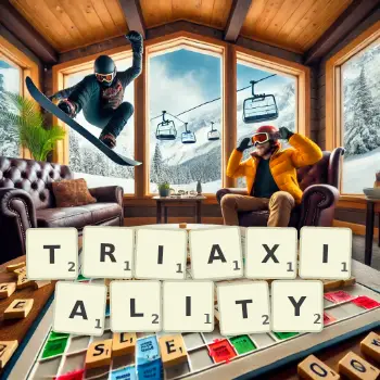 Creative illustration for a Scrabble game with the word TRIAXIALITY spelled out in tiles on the board.
