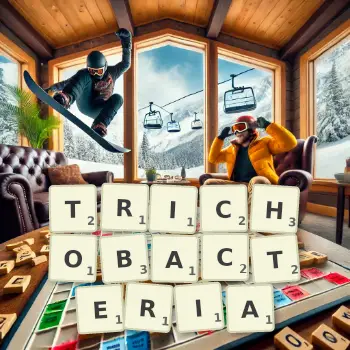 Creative illustration for a Scrabble game with the word TRICHOBACTERIA spelled out in tiles on the board.