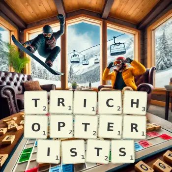 Creative illustration for a Scrabble game with the word TRICHOPTERISTS spelled out in tiles on the board.