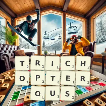 Creative illustration for a Scrabble game with the word TRICHOPTEROUS spelled out in tiles on the board.