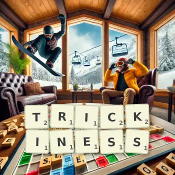 Creative illustration for a Scrabble game with the word TRICKINESS spelled out in tiles on the board.